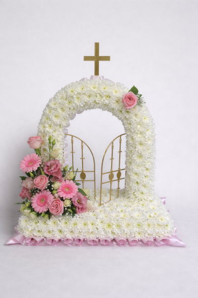Gates of Heaven - At Sarah Coxon Floral Design we are delighted to present this product available for flower delivery in Mid and North Norfolk. 

This specialised tribute represents the Gates of Heaven and is based in white chrysanthemeums and edged in a colour co-ordinated ribbon. The spray on the side of the Gates includes a mixture of flowers such as Roses, Lisianthus, Spray Carnations and foliage,there is a single rose on the arch to complete the design. 

This is a freestanding design and can come in a variety of colours, please specify the colour of the ribbon and flowers you would like.

This stunning floral display has been arranged in water retaining foam (oasis) to ensure maximum freshness. 

We deliver directly to all of the local funeral directors and will contact them to confirm a delivery time. 

Our flowers at Sarah Coxon Floral Design arrive fresh from the Dutch auctions every day so you can be rest assured we are using the best quality of flowers available.